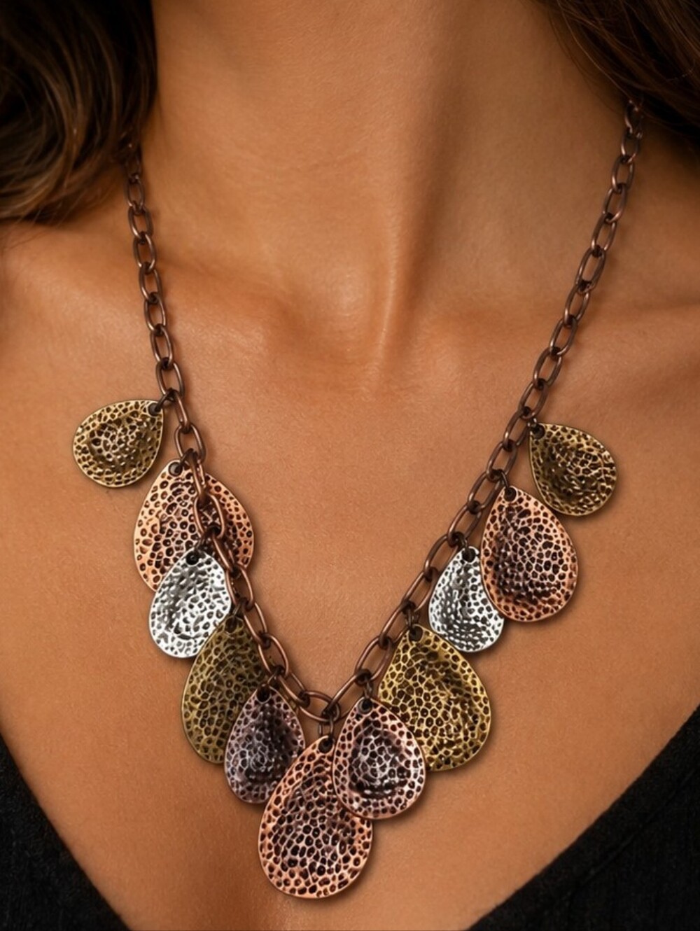 Rustic Statement Necklace Mixed Metal Hammered Textured Teardrop Pendant Charms - Picture 2 of 3